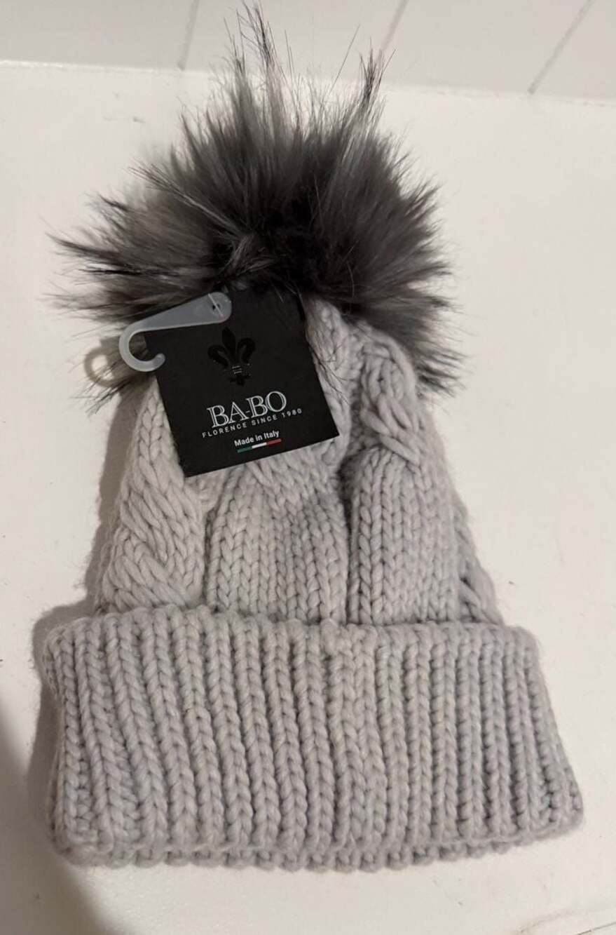 Ba-Bo Grey Knitted Beanie with Faux Fur Pom Pom on Top - One Size